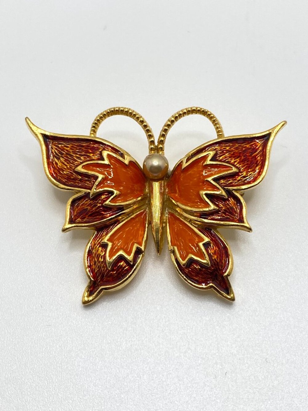 2/$20👒 Vintage Gold Tone Butterfly Brooch Orange Enamel Autumn Fall Novelty